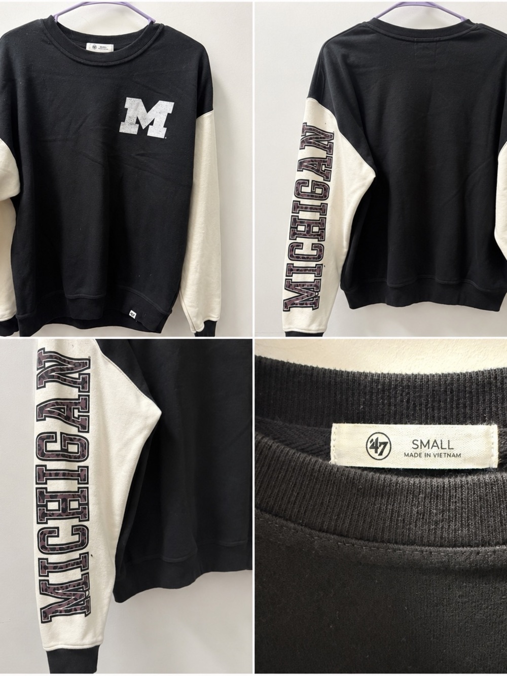 47 Brand Black and Cream Michigan Crewneck Sweatshirt